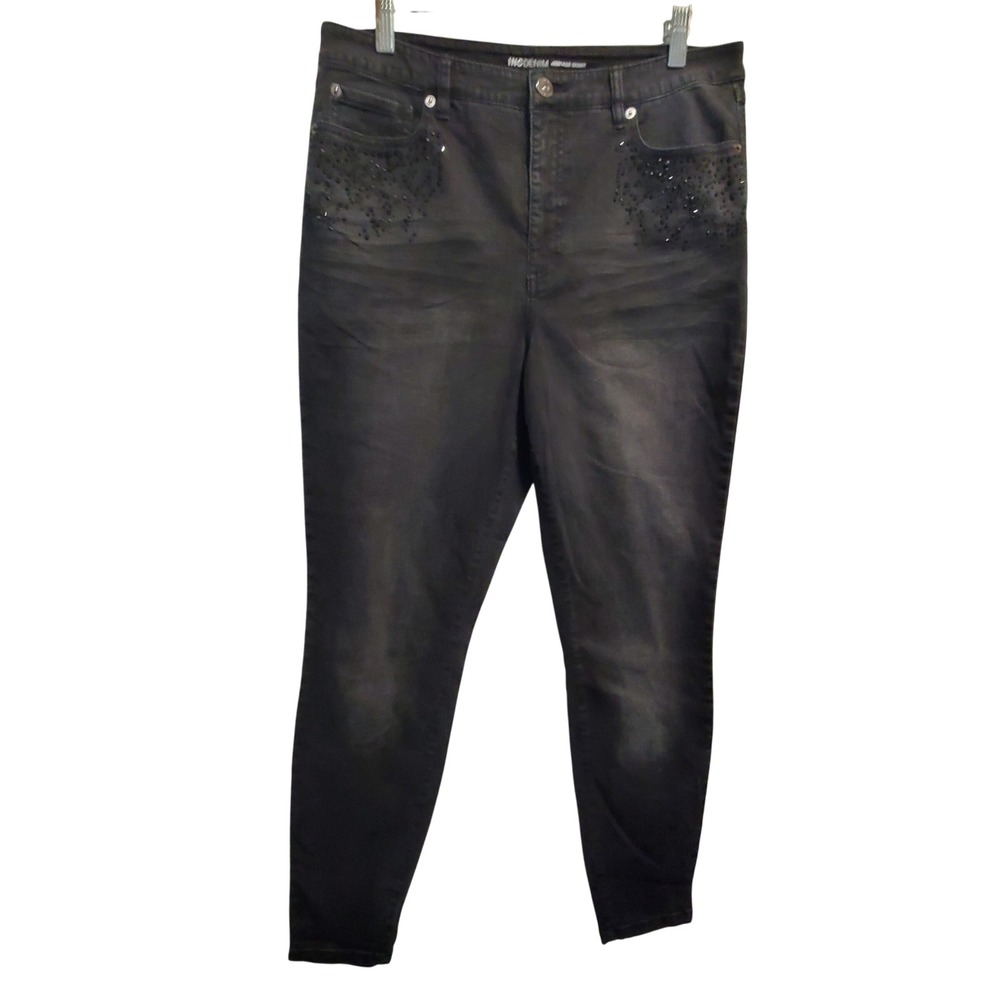 INC International Concepts High Rise Skinny Embellished Black Jeans 14/32